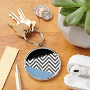 Porte-clés Gris Zigzag, Gris Chevron, Motif Zigzag, Bleu