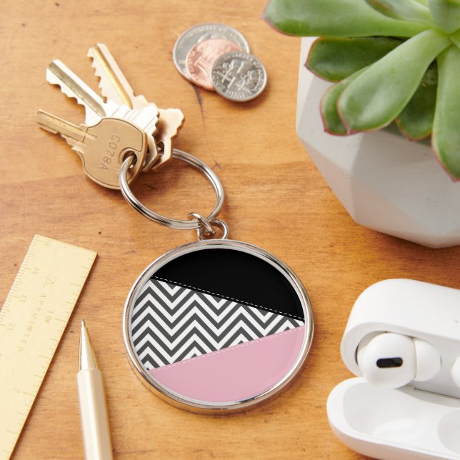 Porte-clés Gris Zigzag, Gris Chevron, Motif Zigzag, Rose (Bureau)