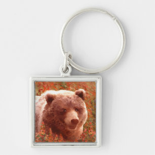 Porte-clés Grizzly Bear Cub dans Fireweed Peinture Art de la 