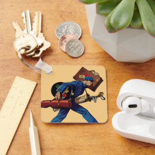 Porte-clés Groom de l'hôtel en uniforme, valise et club de go