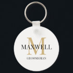 Porte-clés Groom Minimaliste Noir Or Monogramme Personnalisé<br><div class="desc">Porte-clés moderne or et noir avec monogramme pour garçons d'honneur - Créez votre propre cadeau personnalisé pour garçon d'honneur en ajoutant le nom et le monogramme du destinataire. Un cadeau unique et attentionné pour les membres du cortège de mariage. Vous pouvez modifier le modèle de garçon d'honneur en meilleur témoin,...</div>