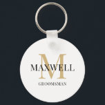 Porte-clés Groom Minimaliste Noir Or Monogramme Personnalisé<br><div class="desc">Porte-clés moderne en or et noir avec monogramme pour garçons d'honneur - Créez votre propre cadeau personnalisé pour garçon d'honneur en ajoutant le nom et le monogramme du destinataire. Un cadeau unique et attentionné pour les membres du cortège de mariage. Vous pouvez modifier le modèle de garçon d'honneur pour témoin,...</div>