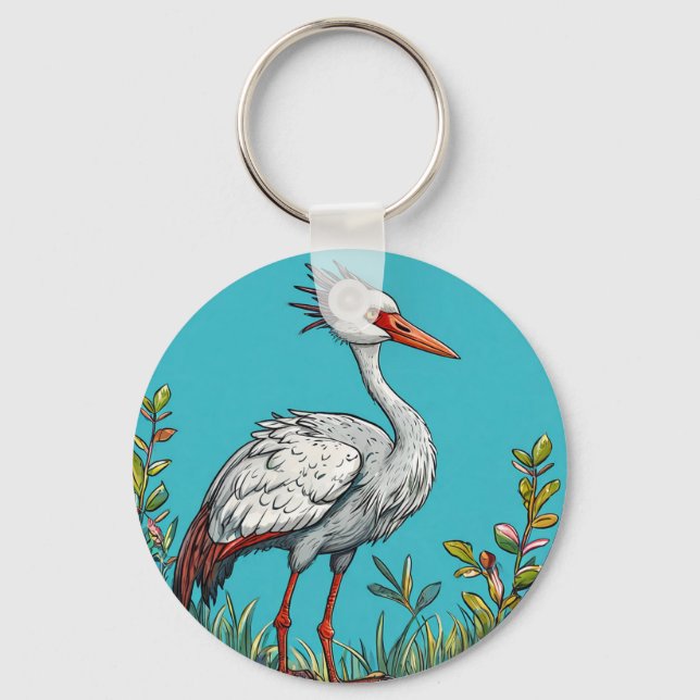 Porte-clés Grue cendrée Oiseau parmi les fleurs épanouies (Recto)