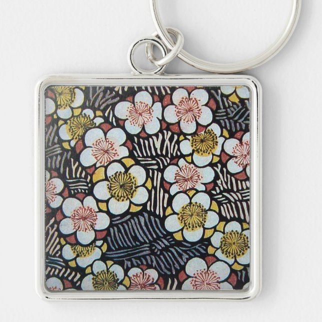 PORTE-CLÉS HAÏKU / NOIR BLANC ROSE JAUNE FLEURS DE PRINTEMPS (Devant)
