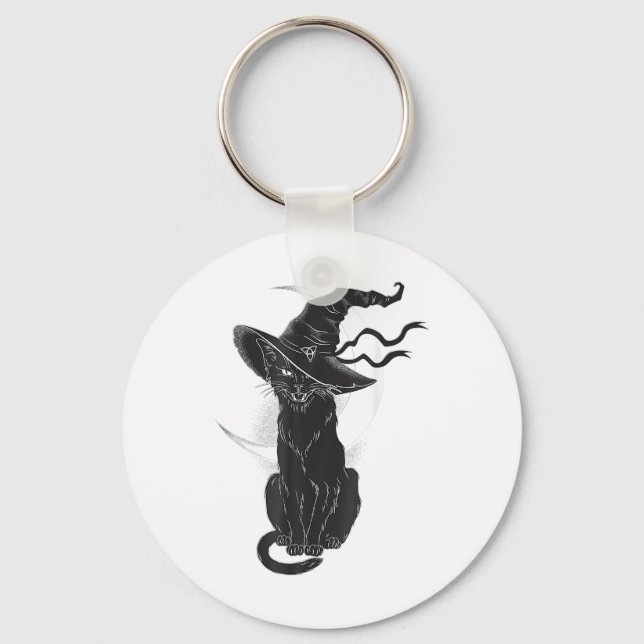 Porte-clés Halloween Chat Noir Sorcière Casquette Lune (Recto)