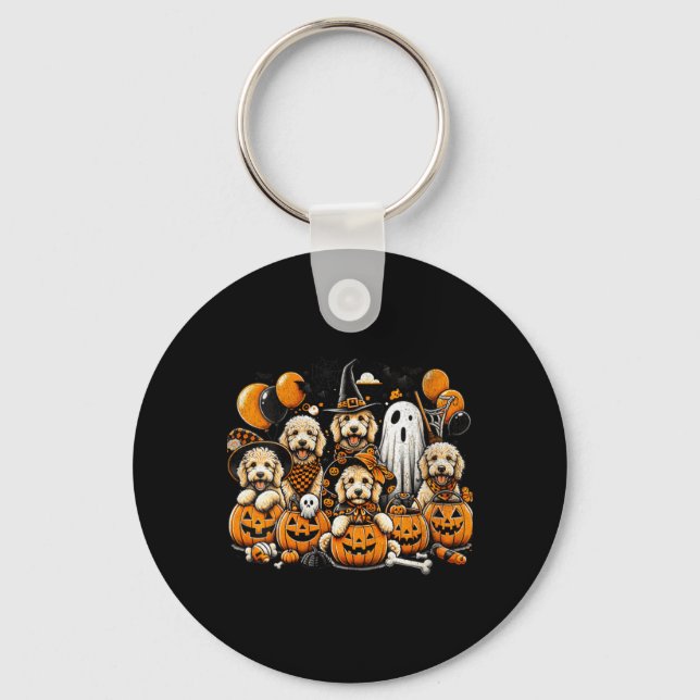 Porte-clés Halloween Goldendoodle Mignon Fantôme et Sorcière  (Recto)