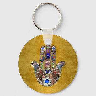 Porte-clés Hamsa Coeurs Fleurs Opal Art sur Or