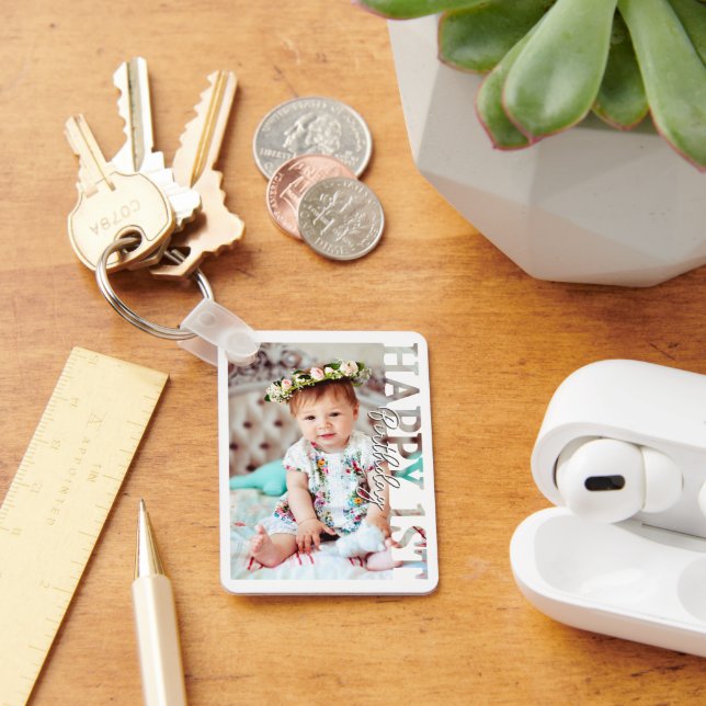 Porte-clés Happy 1st Birthday Photo college Card (Bureau)