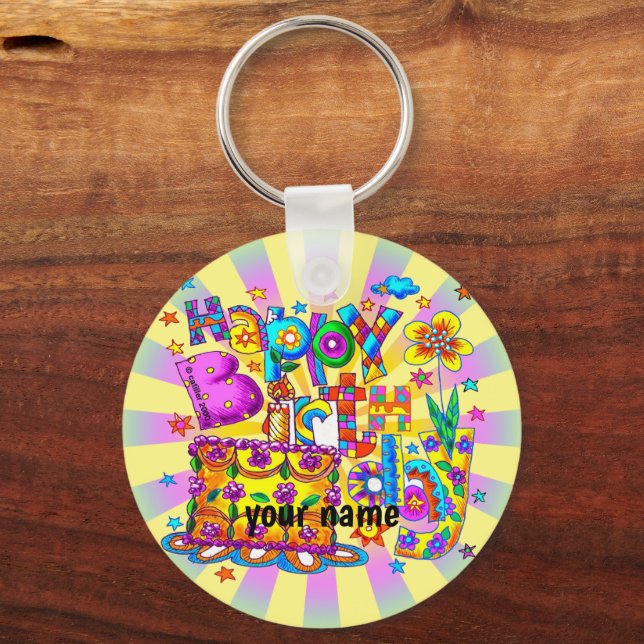 Porte-clés Happy Birthday Cake custom name (Recto)