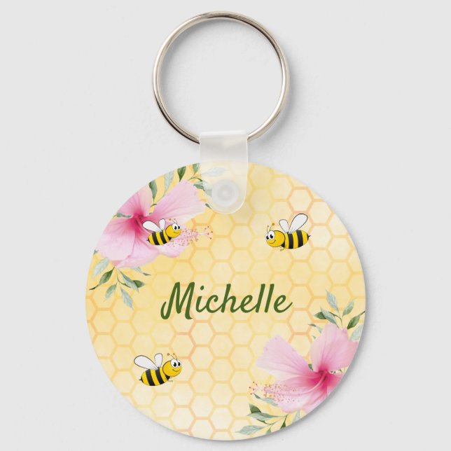 Porte-clés Happy bumble bees yellow honeycomb cute name (Recto)