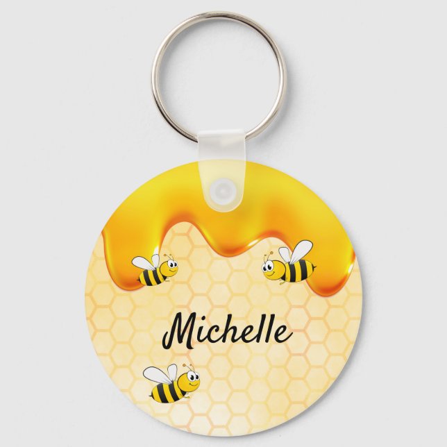 Porte-clés Happy bumble bees yellow honeycomb cute name (Recto)
