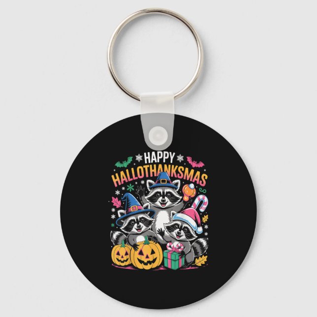 Porte-clés Happy Hallothanksmas Raccoon Halloween Merry Chris (Recto)