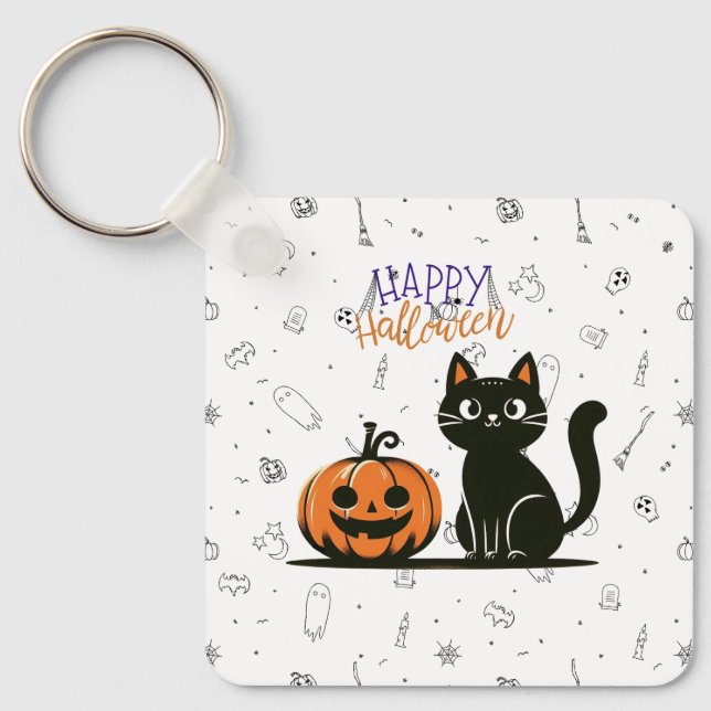Porte-clés Happy Halloween chat et citrouille (Recto)