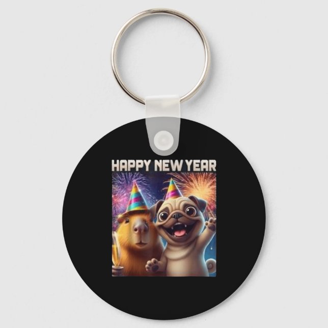 Porte-clés Happy New Year 2026 Capybara Pug Party Art  (Recto)