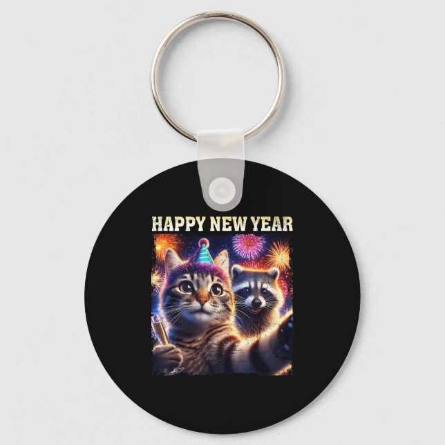 Porte-clés Happy New Year 2026 Cute Cat Raccoon Celebration  (Recto)