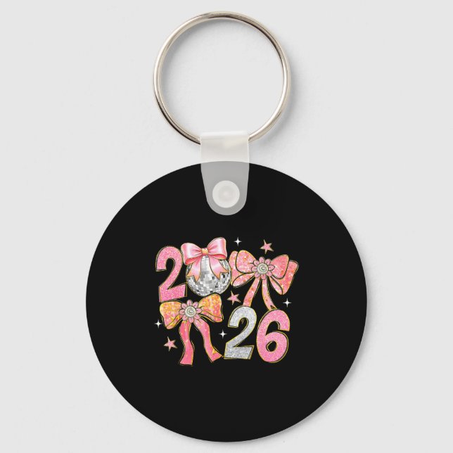 Porte-clés Happy New Year 2026 Disco Ball Coquette Bow New Ye (Recto)