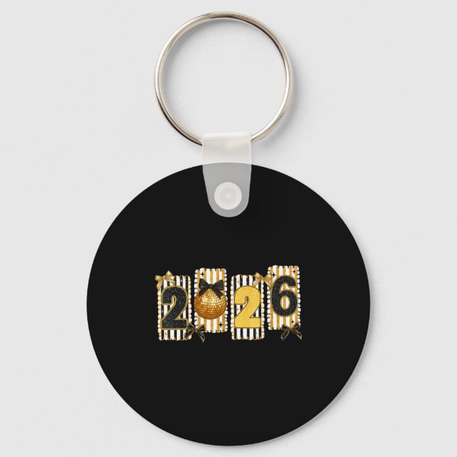 Porte-clés Happy New Year 2026 Disco Ball Gold Coquette Bow F (Recto)