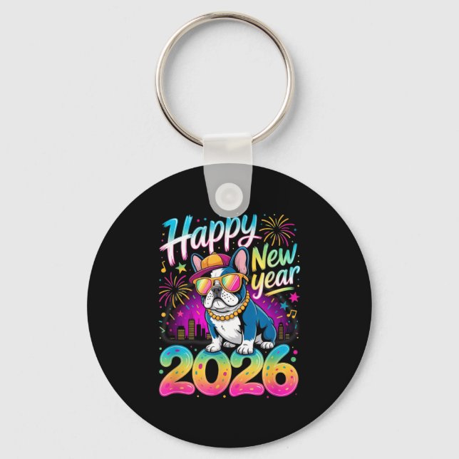 Porte-clés Happy New Year 2026 French Bulldog Fireworks Party (Recto)