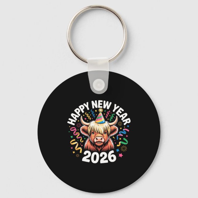 Porte-clés Happy New Year 2026 Highland Cow &amp; Party Hat N (Recto)