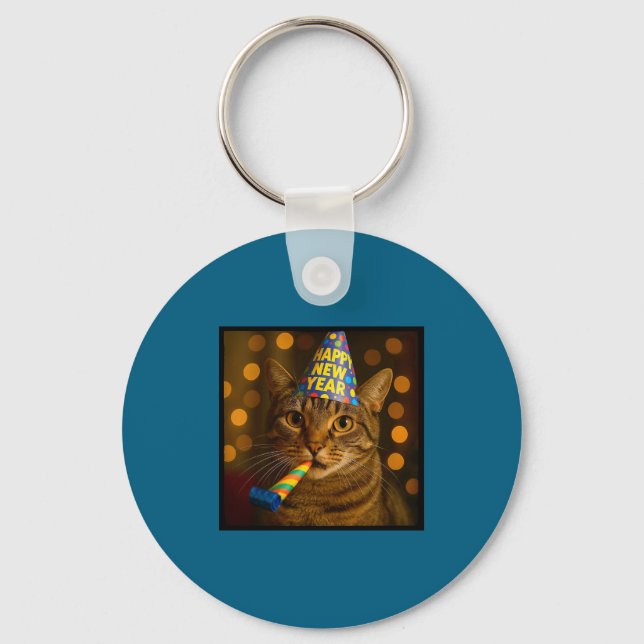 Porte-clés Happy New Year Cat Funny Party Hat Feline Meme Cel (Recto)