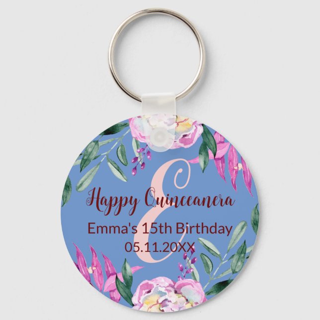 Porte-clés Happy Quinceanera 15 birthday monogram name blue (Recto)