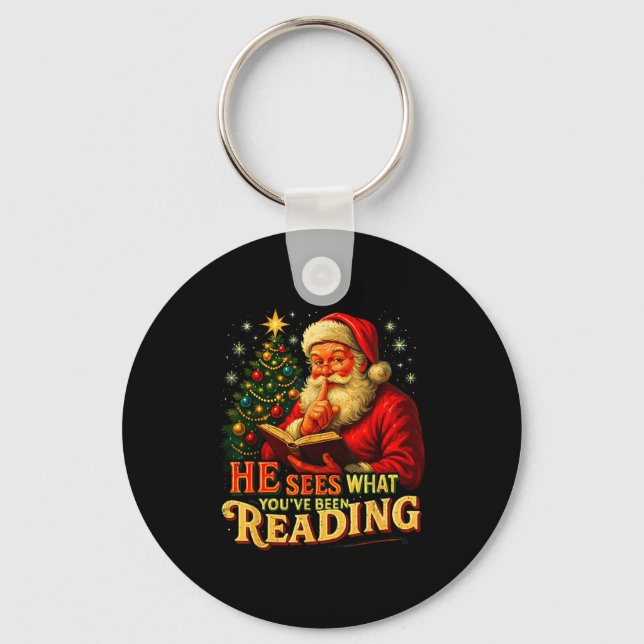 Porte-clés He Sees What You’ve Been Reading Santa Book Lover  (Recto)