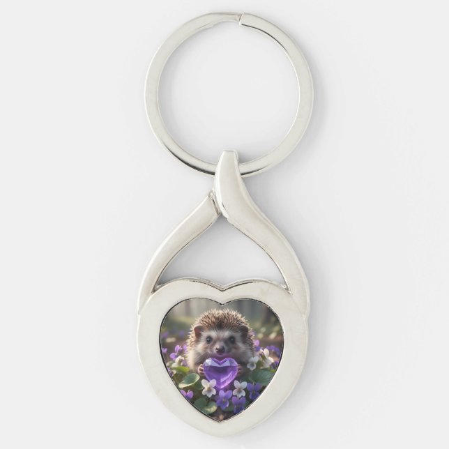 Porte-clés Hérisson mignon de février avec cœur d'améthyste (Devant)