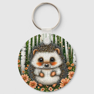 Porte-clés Hérisson mignon parmi des fleurs colorées dans les
