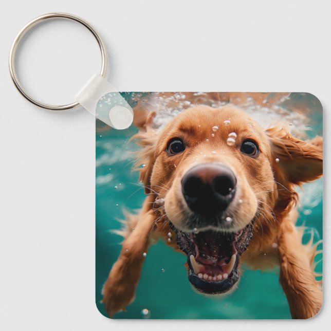 Porte-clés Heureux Golden Retriever Nageant Sous L'eau (Recto)