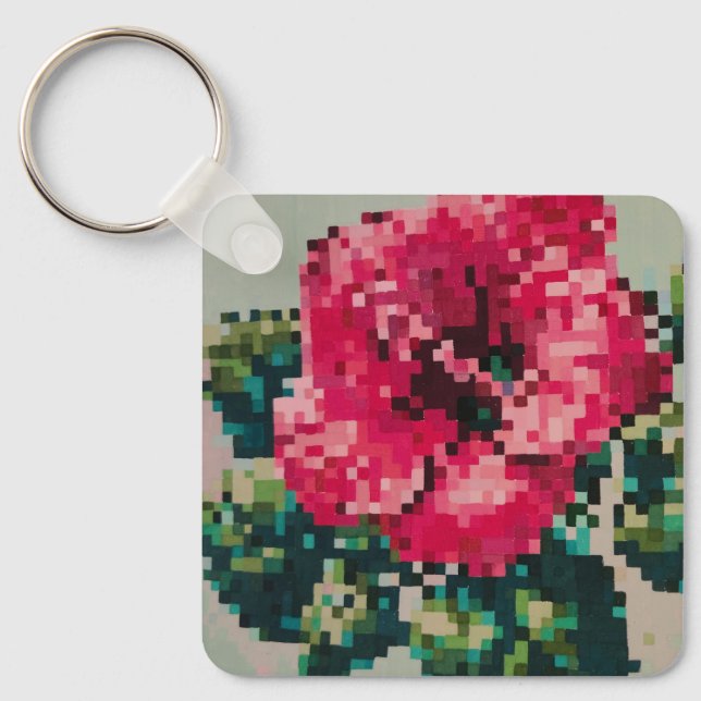 Porte-clés Hibiscus pixel art rose vibrant (Recto)