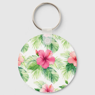 Porte-clés Hibiscus rose tropical palmier aquarelle