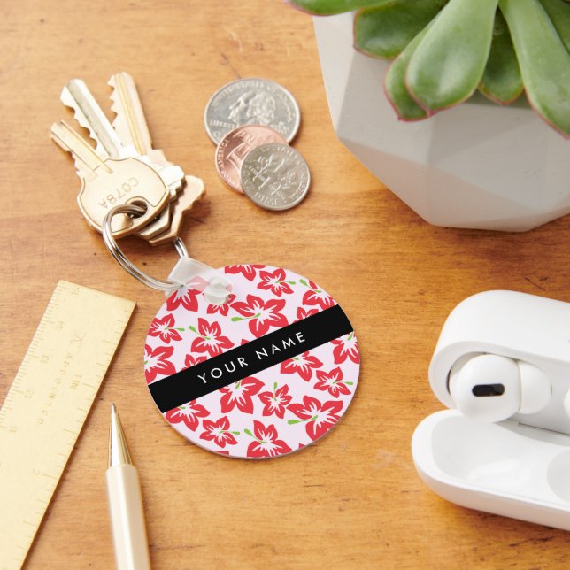 Porte-clés Hibiscus Rouge, Fleurs Rouges, Votre Nom (Bureau)