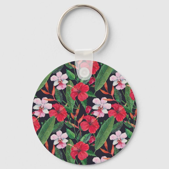 Porte-clés hibiscus rouge, orchidées, aquarelle tropicale. (Recto)