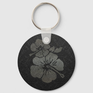 Porte-clés Hibiscus texturé métallique noir et argent damassé