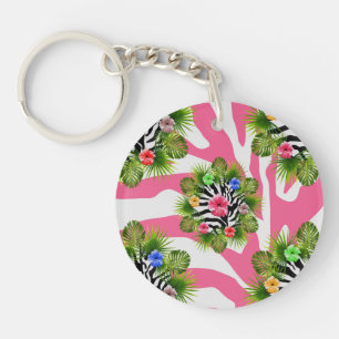 Porte-clés Hibiscus tropical et rayures exotiques de zèbre ro