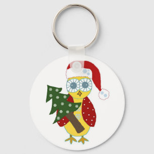Porte-clés Hibou avec un chapeau de Père Noël et un arbre de