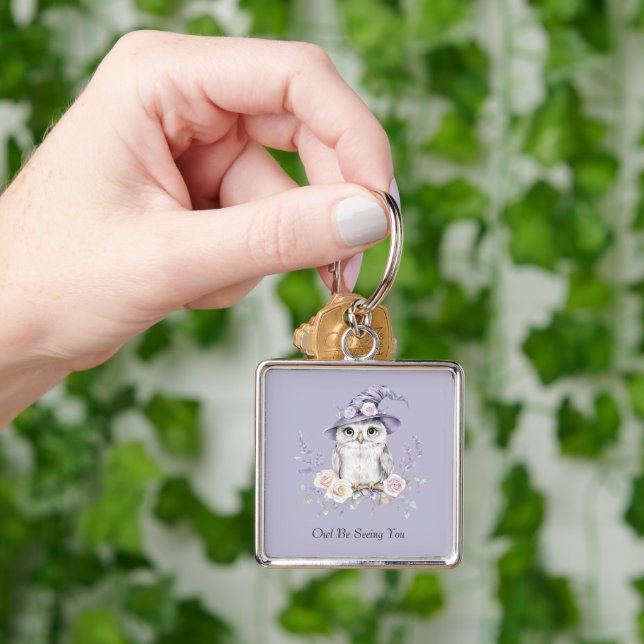 Porte-clés Hibou Blanc Chapeau Violet Fleurs Jolis (main)