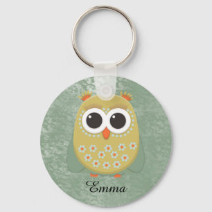 Porte-clés Hibou orange bleu vert jaune personnalisé sur fond