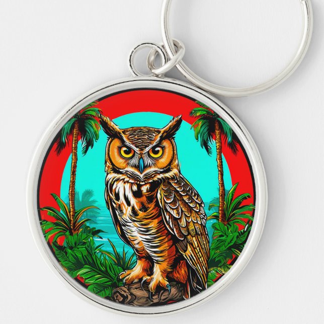 Porte-clés 🦉 Hibou perché sur un rocher Scène tropicale🦉 (Devant)