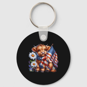Porte-clés Highland Cow Flores 4 Juillet Drapeau Usa Patrioti