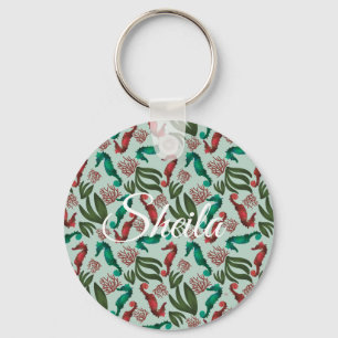 Porte-clés Hippocampe aquarelle mint nautique personnalisé