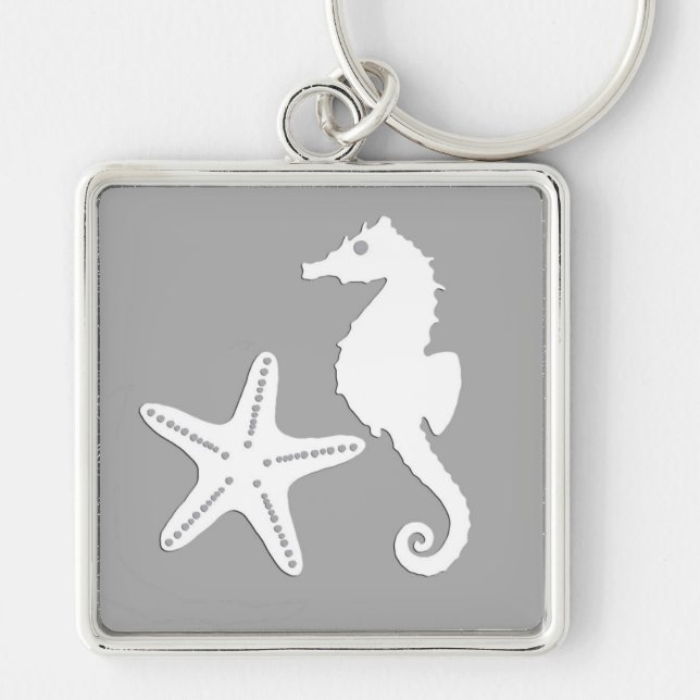 Porte-clés Hippocampe et étoile de mer - blanc sur gris argen (Devant)