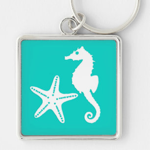 Porte-clés Hippocampe et étoile de mer - blanc sur turquoise