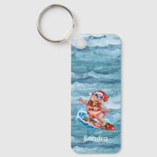 Porte-clés Hippopotame de surf en bikini de Noël sur une vagu