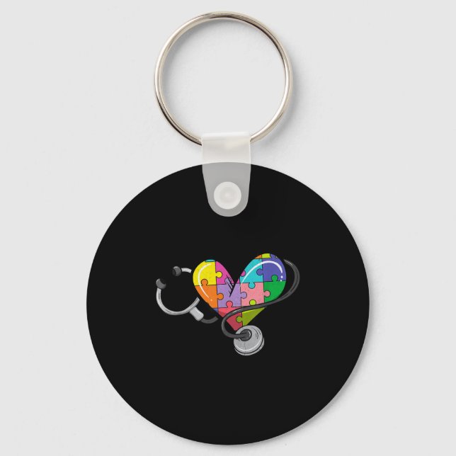 Porte-clés Hommes femmes stéthoscope autisme cœur puzzle colo (Recto)