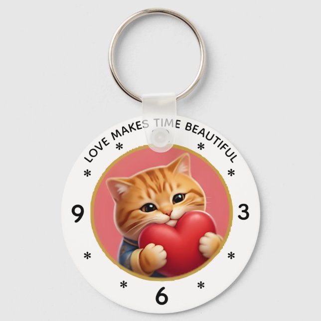 Porte-clés Horloge murale chat roux mignon avec citation d'am (Recto)