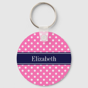 Porte-clés Hot Pink #2 Wht Polka Dots Navy Blue Name monogram