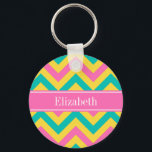 Porte-clés HotPink2 Ananas Turquoise LG Chevron Nom Monogramm<br><div class="desc">Hot rose #2, Turquoise, ananas jaune, grand Motif Zig Chevron, Hot rose Ribbon Nom Monogramme Customisez ceci avec votre nom, monogramme ou autre texte. Vous pouvez également modifier les polices, ajuster la taille des polices et les couleurs des polices, déplacer le texte, ajouter des champs de texte, etc. Veuillez noter...</div>