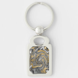 Porte-clés Huile Noire, Blanc Et Or Marbré Slick Abstrait