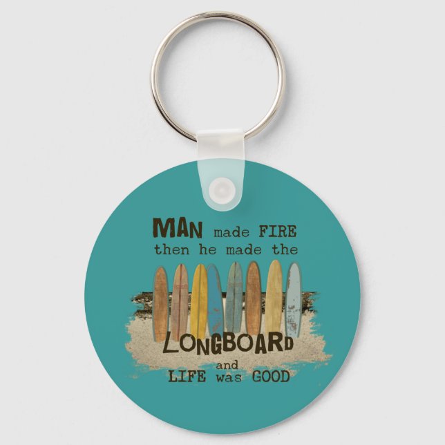 Porte-clés Humour de surf de l'homme précoce avec Longboards (Recto)